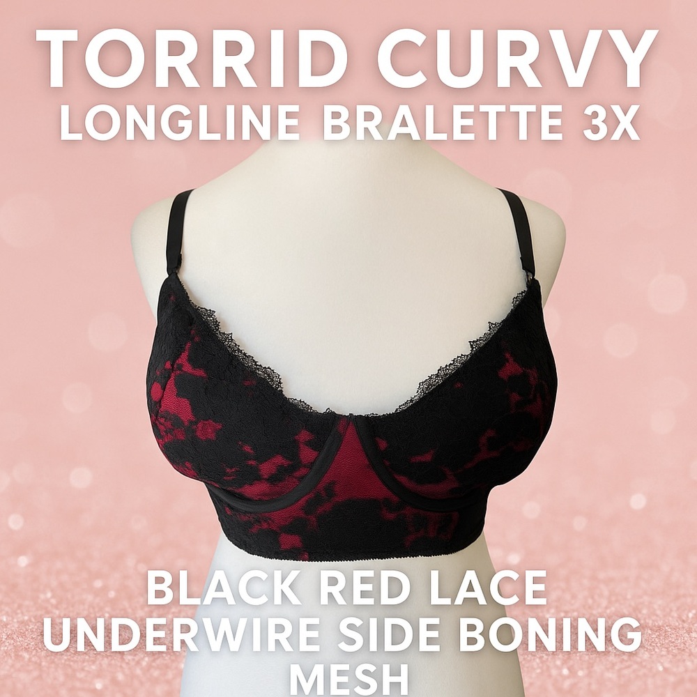 TORRID CURVY Longline Bralette Sz 3 Black Red Lace Underwire Side Boning Harness - Picture 4 of 14